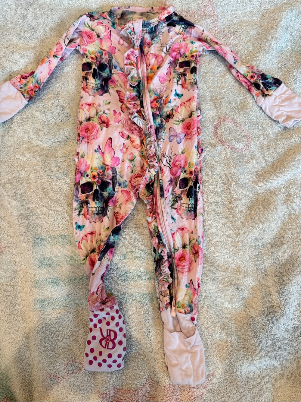 Pink Floral & Skull Ruffle Zip Kids One-Piece Footie Pajamas